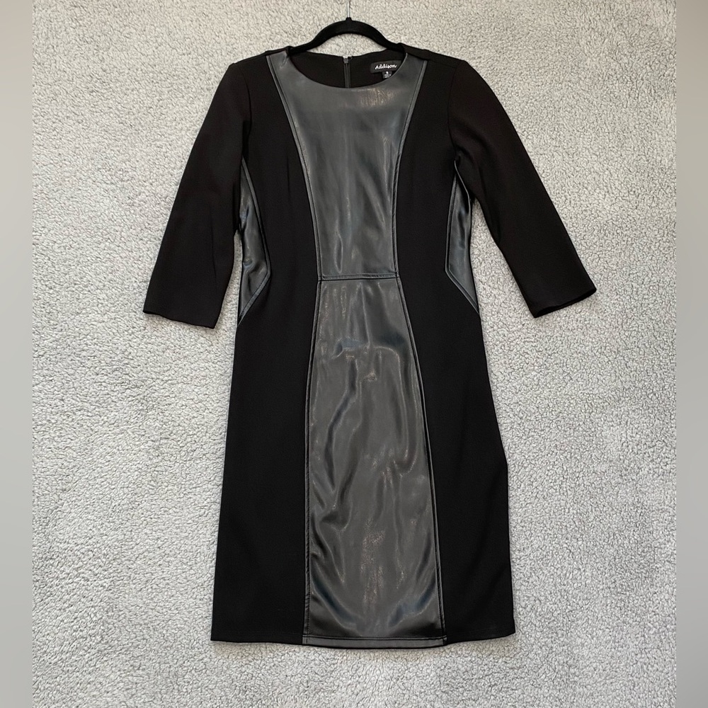 Addison Bodycon Black midi dress faux Leather 3/4 Sleeve womens 8 Stretch 21F850